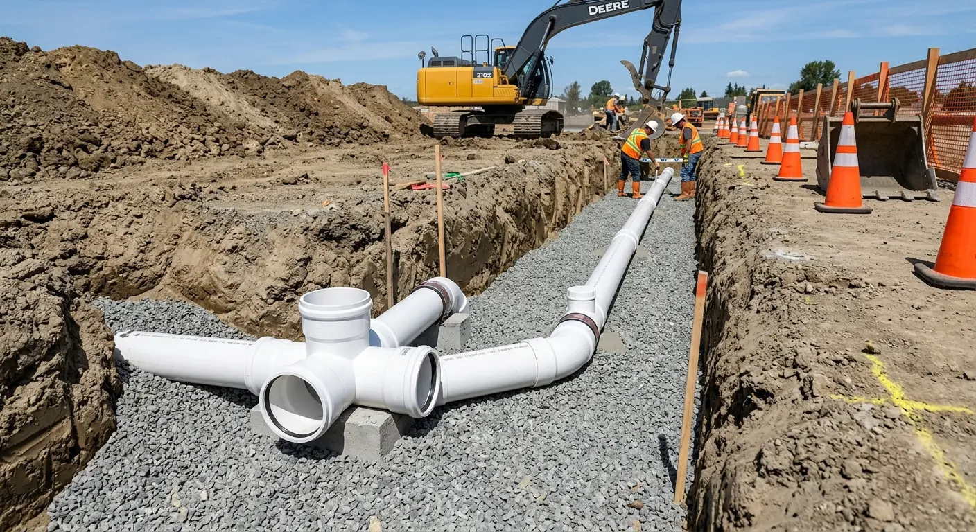 New PVC sewer pipe installation in open trench for Commercial Drain Cleaning in Kingston
